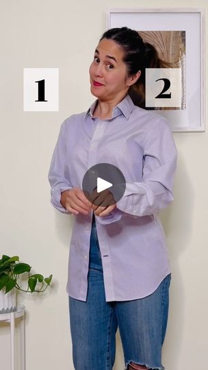 13K views · 243 reactions | Ingenious techniques for styling your classic button-up shirts! 👔🫰🏼 | Ingenious techniques for styling your classic button-up shirts! 👔🫰🏼  Five valuable styling hacks that are absolute essentials and will elevate your... | By Annie Lynn | This vintage shirt has such a great pattern but a not so great fit. With a little styling, it could be a fun piece in your wardrobe. Start with your shirt fully unbuttoned then fold the collar inward and smooth it out. Take the two sides and cross them over tightly making sure the buttons and button holes are folded under. Tuck each side into your jeans. Finally, fold up those sleeves until it's just below the elbow and you have a very cool top that even your mom will love. Say goodbye to those bulky messy tucks. Start by How To Fold Button Up Shirts Sleeves, Cross Tuck Button Down Shirt, How To Tuck In Button Down Shirt Women, Blouse Too Big Hacks, Button Down Shirt Hacks For Women, Tieing A Button Down Shirt, How To Fold Sleeves Up Women, Shirt Button Hack, How To Style Collared Shirts