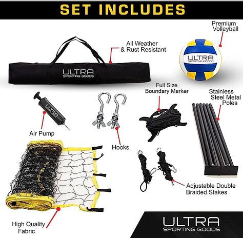 Also includes 8.5-Inch PU Volleyball, Carrying Bag, Boundary Lines, Steel Poles & Pump - Height Adjustable for Men, Women & Co-Ed Games 🏐 MAKE EVERY GAME OFFICIAL 🏐 NO SORE ARMS WHILE PLAYING 🏐 NO-FRILLS HEIGHT ADJUSTMENT 🏐 GET A GAME GOING ANYWHERE 🏐 VALUE FOR MONEY $59.99 Prime members Portable Volleyball Net, Volleyball Training Equipment, Volleyball Nets, Ed Game, Volleyball Equipment, Professional Volleyball, Volleyball Set, Volleyball Ball, Volleyball Net