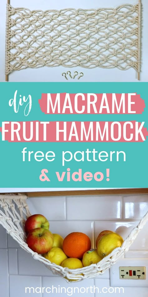 a macrame fruit hammock holding apples, oranges, and lemons Diy Under Cabinet Fruit Hammock, Hanging Fruit Basket Ideas, Macrame Hammock Pattern, Macrame Fruit Hammock, Fruit Baskets Diy, Beginners Macrame, Easy Diy Macrame, Fruit Hammock, Macrame Basket