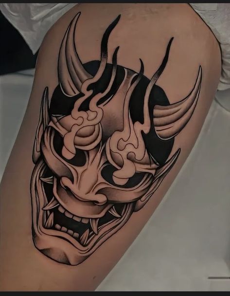 Japanese Ogre Tattoo, Hannya Forearm Tattoo, Oni Mask Tattoo Thigh, Oni Mask Tattoo Back, Japanese Tattoo Designs Oni Mask, Half Oni Mask Tattoo, Men S Back Tattoo, Omni Mask Tattoo, Dark Japanese Tattoo