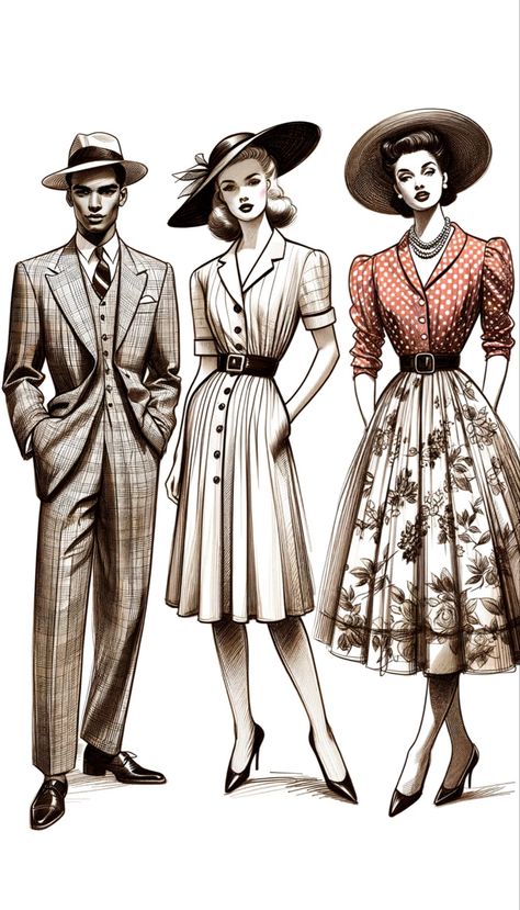 "
Hand-sketched vertical collage depicting diverse 1940s fashion models, showcasing tailored suits, wartime dresses, polka-dot outfits, high-waisted trousers, and floral dresses with bolero jackets. 1940s Travel Fashion, 1943 Fashion, 1944 Fashion, 1948 Fashion, 1940 Clothing, 1940s Fashion Women, School Works, 1940s Women, Work Jumpsuit