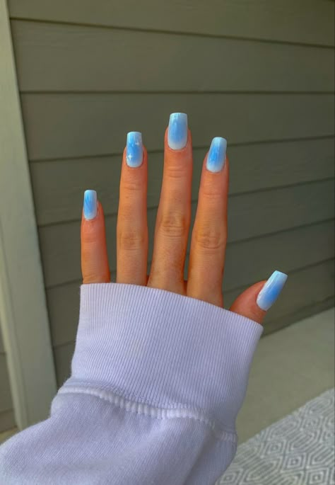 Light Blue Airbrush Nails, Blue Aura Nails Square, Light Blue And Navy Nails, Light Blue Aura Nails, Extra Nail Designs, Aura Nails Blue, Light Blue Nails With Design, Blue Aura Nails, Greece Nails