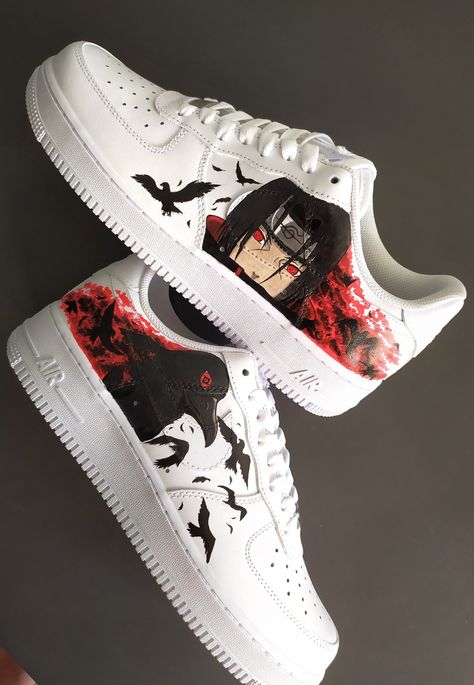 Anime Shoes Design, Naruto Air Force 1, Nike Custom Shoes Ideas, Anime Painted Shoes, Naruto Sneakers, Naruto Custom Shoes, Itachi Shoes, Sneakers Painting Ideas, Naruto Designs