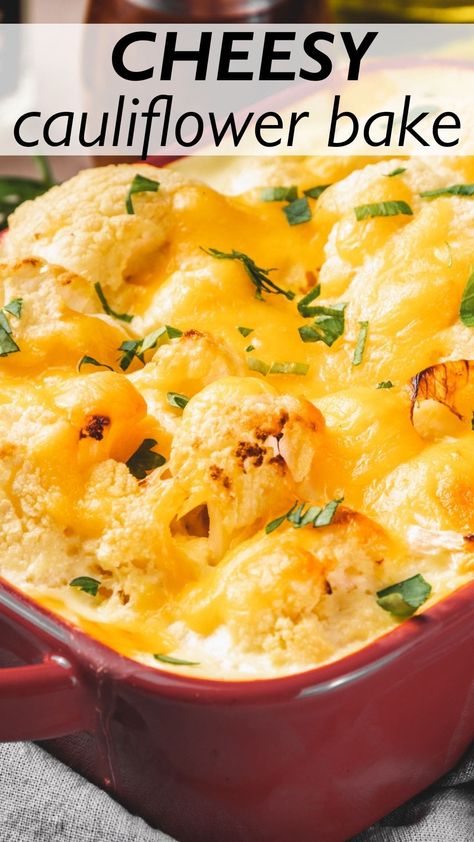 Easy and quick Cheesy Cauliflower Casserole makes a delicious dinner side dish. Prepared with cauliflower florets and a rich cheese sauce, eating your veggies has never been so indulgent! Cheesy Baked Cauliflower, Cheesy Cauliflower Recipes, Cheesy Cauliflower Casserole, Baked Cauliflower Recipe, Baked Cauliflower Casserole, Cheesy Cauliflower Bake, Cauliflower Side Dish, Cauliflower Bake, Cauliflower Casserole Recipes