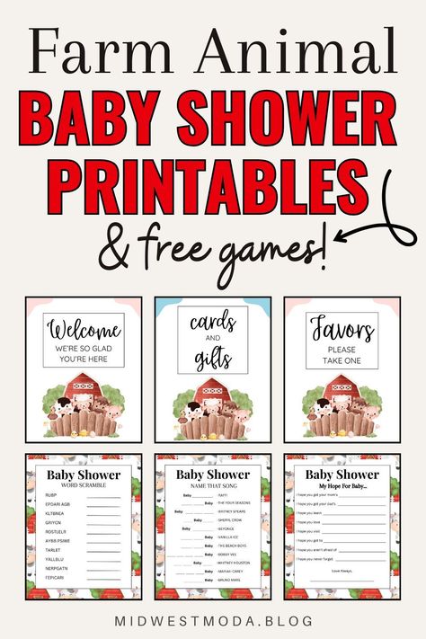 Add a rustic touch to your baby shower with our Farm Animal Theme Baby Shower Printables. These printable signs and FREE Baby Shower Games will enhance the aesthetic of your celebration, making it a memorable event for the mom-to-be and guests alike. Download now for a seamless planning experience at midwestmoda.blog. Farm Baby Shower Games, Farm Baby Shower Theme Boys, Farm Animals Baby Shower Theme, Baby Farm Animals Shower Ideas, Farm Theme Baby Shower Ideas, Farm Animal Baby Shower Ideas, Farm Themed Baby Shower Ideas, Farm Animal Baby Shower Theme, Barnyard Baby Shower Ideas