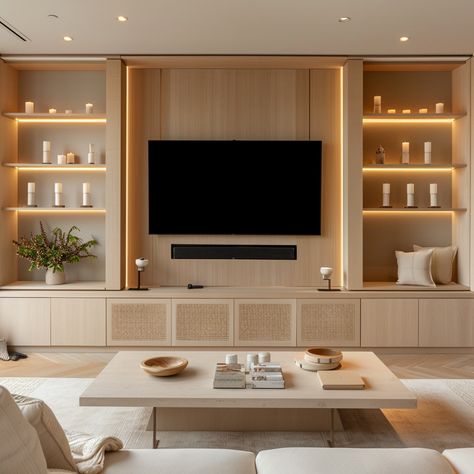 Living Room Tv With Shelves, Plywood Tv Wall Unit, White Oak Media Wall, Modern Entertainment Unit, Joinery Living Room, Family Room Wall Unit Built Ins, Floor To Ceiling Tv Cabinet, Movie Room Entertainment Center, Office Built In With Tv