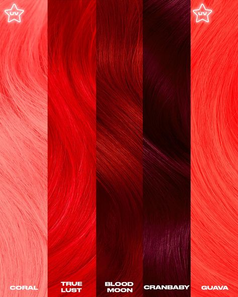 Lunar Tides Hair Colors | Which Color should we make next? 🌟 Every Lunar Tides hair color so far.. #lunartideshair #lunartides #hairdye #haircolor #haircolour… | Instagram Red Hair Swatches, Red Hair Color Palette, Arctic Fox Hair Dye Combinations Red, Vivid Red Hair Color, Lunar Tides Moonstone, Lunar Tides Hair Dye, Blood Red Hair, Lunar Tide, Tumblr Hair