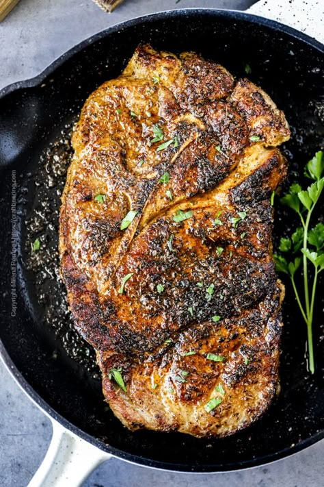 Cooking Pork Steaks, Pork Shoulder Steak Recipes, Fried Pork Steak, Shoulder Steak Recipes, Baked Pork Steak, Steak On Stove, Grilled Pork Steaks, Pork Shoulder Steak, The Clean Eating Couple