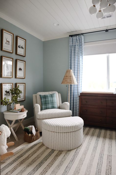 Floor Lamp Nursery Boy Rooms, Oval Room Blue Farrow And Ball Nursery, Smokey Blue Nursery, Nursery With Hardwood Floors, All Blue Nursery, Boothbay Gray Nursery, Antique Blue Nursery, Benjamin Moore Blue Nursery, Mixed Wood Tones Nursery