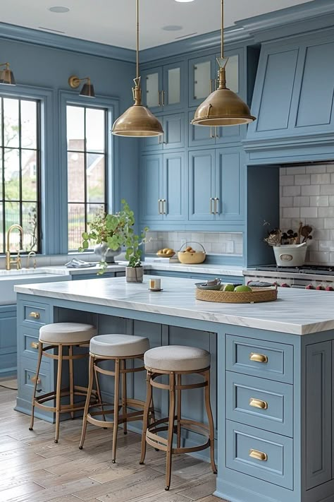 Light Blue And Black Kitchen, Light Blue Kitchen Walls, Blue House Interior, Blue Cabinets Kitchen, Blue Kitchen Ideas, Blue Kitchen Designs, Grey Blue Kitchen, Light Blue Kitchens, Coastal Kitchen Design