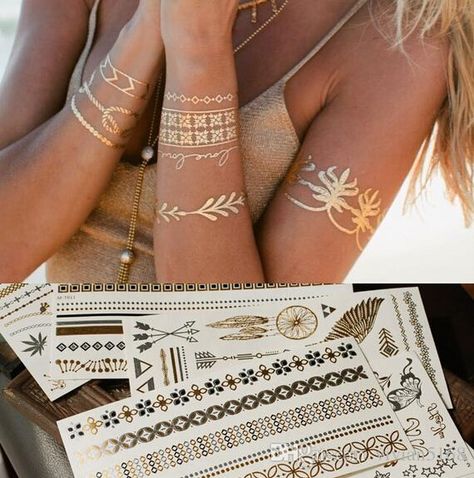 Fashion Gold Silver Metal Flash Tattoo Metallic Tattoo Sticker Temporary Body Art Man Women Beach Waterproof Tattoos Size 15x21cm Kat Von D Temporary Tattoos Low Quantity Custom Temporary Tattoos From Vivian5168, $8.59| Dhgate.Com Fashion Henna, Metallic Tattoo, Silver Tattoo, Henna Flower, Tattoo Gold, Shiny Bracelets, Metallic Tattoo Temporary, Arm Temporary Tattoos, Retro Tattoos