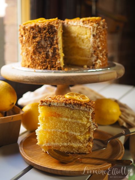 Lemon Coconut Cake Recipe, Lemon Crunch Cake Recipe, Lemon Crunch Cake, Lemon Cake Recipes, Lemon Butter Cake, Lemon Crunch, Candied Lemon Slices, Almond Crunch, Liz Lemon