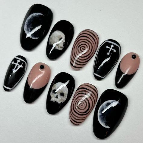 custom skull set ☠️🖤 this was my first time painting a skull on a nail!! i had so much fun making this set 🥹🫶 #nails #nailsnailsnails #nailsart #nailaddict #naildesigns #nailartist #pressons #pressonnails #gelnails #3dnails #explorepage Skull Nail Designs, Skull Nail Art, Set Nails, Simple Skull, Skull Nails, Punk Nails, Goth Nails, Time Painting, Nails Desing