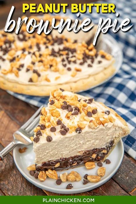 Peanut Butter Brownie Pie Recipe – peanut butter-chocolate lover’s dream! With a fudgy brownie base, creamy peanut butter topping, and a flaky pie crust, it’s the ultimate dessert mashup. Topped with chopped peanuts and mini chocolate chips for extra crunch, this pie is perfect for any sweet occasion. Serve chilled for a deliciously rich treat everyone will love! Brownie Peanut Butter Pie, Peanut Butter Topping, Brownie Pie Recipe, Chocolate Chunk Brownies, Peanut Butter Swirl Brownies, Bunco Ideas, Peanut Butter Brownie, Brownie Pie, Peanut Butter Mousse