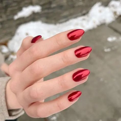 Red Chromatic Nails, Red Chrome Manicure, Red Luminary Nails, Red Nails Acrylic Chrome, Red Chrome Dip Powder Nails, Red Chrome Halloween Nails, Red Satin Nails, Ted Chrome Nails, Ruby Chrome Nails