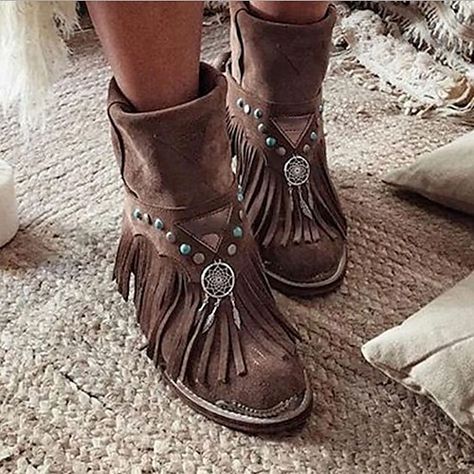 Tassel Boots, Chunky Heel Boots, Fringe Ankle Boots, Popular Boots, Estilo Indie, Brown Boots Women, Boho Boots, Boots Cowboy, Chunky Heels Boots