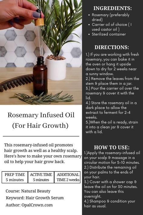 How To Make Rosemary Infused Oil (For Hair Growth + How To Use It) - Opal Crown Rosemary Infused Oil, Hair Growth Herbs, Almond Oil Hair, Opal Crown, Rosemary For Hair, Hair Grow Oil, Natural Hair Care Routine, Herbs For Hair, Rosemary Oil For Hair