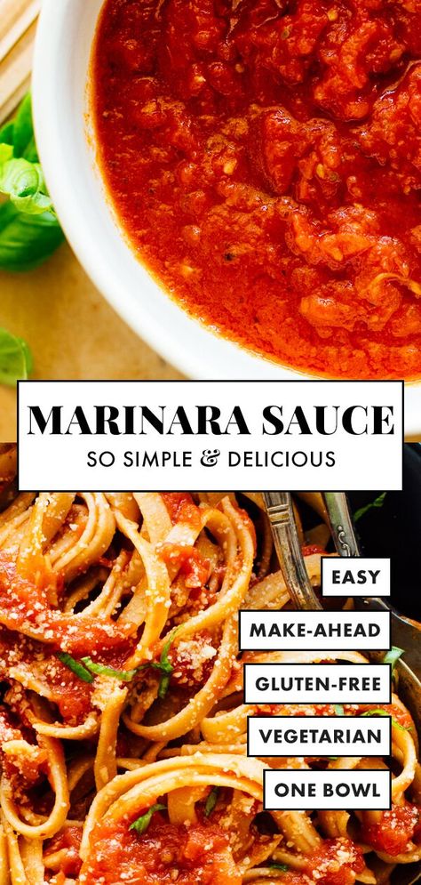 This incredibly SIMPLE and DELICIOUS homemade marinara sauce recipe requires just 5 basic pantry ingredients! No chopping and ready in 45 minutes. Yes, really! #cookieandkate #vegetarian #marinarasauce #Italianrecipe #marinarasauce Vegetarian Marinara Sauce, Maranara Sauce, Simple Marinara Sauce, Best Marinara Sauce, Incredible Pizza, Easy Marinara Sauce, Homemade Marinara Sauce, Marinara Sauce Recipe, Marinara Sauce Homemade