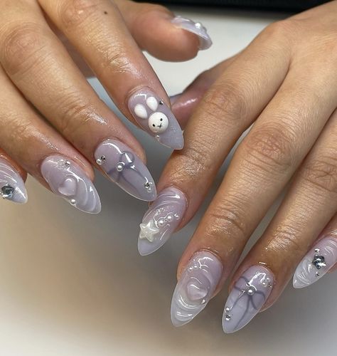 Gel Nails Lilac, Korean Almond Nails, Korean 3d Nail Art, Kpop Idols Nails, Rabbit Nails, Xiaohongshu Nails, Miffy Nails, Y2k Chrome, Nail Application