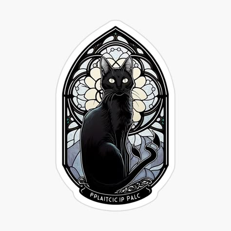 Get my art printed on awesome products. Support me at Redbubble #RBandME: https://www.redbubble.com/i/sticker/Art-nouveau-stained-glass-cute-black-cat-by-pubastore/141145881.EJUG5?asc=u Art Nouveau Sticker, Goth Art Nouveau, Vintage Frame Tattoo, Art Nouveau Tattoo Design, Fox Reference, Art Nouveau Cat, Stained Glass Cat, Stained Glass Tattoo, Art Deco Cat