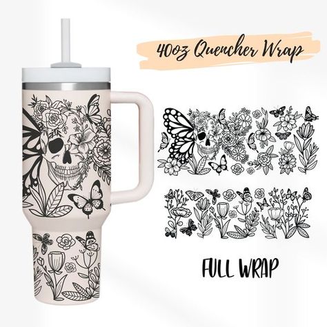 2 Designs 40oz Quencher Stanley Full Wrap Tumbler Skull Floral with Butterfly Svg, Hallween Skull SVG | 40 oz SVG Cricut Silhouette Template Stanley Cup Wrap Svg, Stanley Cricut Designs, Stanley Cup Cricut Design, Tumbler Wrap Ideas, Glass Tumbler Design, Cup Wrap Svg, Tumbler Wrap Template, Coffee Tumblers, Tumbler Decals