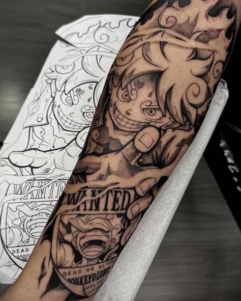 One Piece Arm Tattoo Men, Anime Tattoos For Men One Piece, Tattoo Ideas For Men Forearm Anime, Arm Tattoo Men Anime, Luffy Tatoos Ideas, Anime Sleeve Tattoo Ideas, One Piece Luffy Gear 5 Tattoo, Monkey D Luffy Tattoo Ideas, Monkey D Luffy Tattoo Design