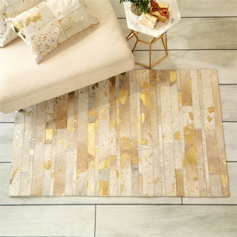 Golden Natural Cowhide Area Rug in Metallic Gold                              … Western Modern Home, Western Modern Home Decor, Metallic Cowhide Rug, Relaxing Room, Basement Flat, Leather Rugs, Living Room Classic, Skin Rugs, Diy Vanity