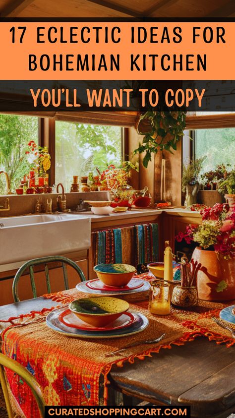 Revamp your kitchen with 17 eclectic bohemian ideas! From vintage rugs and open shelving to mismatched chairs and hanging plants, these tips will add personality and warmth to your space. Perfect for those who love color, texture, and eclectic style. Get inspired by these boho kitchen decor ideas! Eclectic bohemian kitchen, cozy kitchen ideas, boho kitchen ideas, boho kitchen ideas bohemian style, bohemian kitchen decor, bohemian kitchen ideas, bohemian kitchen design, bohemian kitchen small. Boho Kitchen Shelves Decor, Afro Bohemian Kitchen, Afro Boho Kitchen, Eccentric Kitchen Decor, Boho Small House, Boho Kitchen Decor Bohemian Homes, Kitchen Design Bohemian, Mismatched Kitchen Cabinets, Small Boho Kitchen Ideas