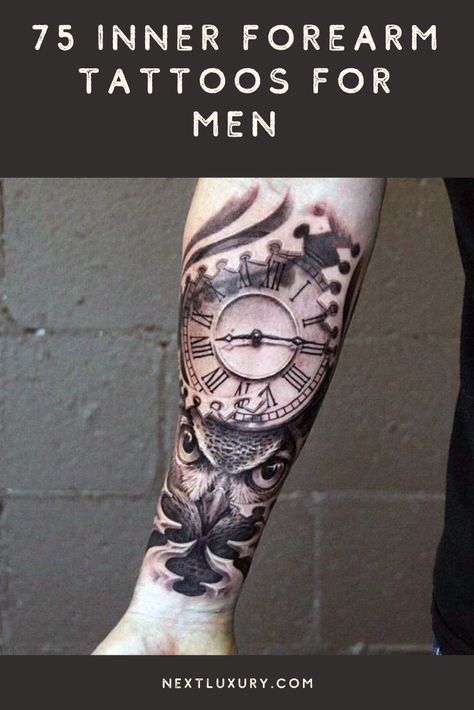 There is a lot of suave initiative shown in a perfectly presented inner forearm tattoo. To make a big name for your body art inclinations, this is sincerely the top way to go.For a wittily metropolitan approach to ink, guys are testing the waters with inner forearm tattoos. #nextluxury #tattooideas #tattoodesigns Cool Men Forearm Tattoos, Inner Forearm Cover Up Tattoo Men, Inner Forearm Tattoo Sleeve, Inner Forearm Tattoo Cover Up, Posterior Forearm Tattoo, Wrist Tattoo Cover Up Ideas For Men, Forearm Tatooes Man, Forearm Coverup Tattoo Design For Men, Men’s Forearm Sleeve