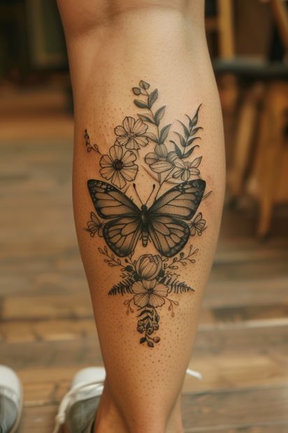 Shoulder Tattoos For Women Non Floral, Butterfly Tattoo Calf For Women, Women’s Small Leg Tattoos, Women’s Tattoo Back Of Leg, Woman’s Leg Tattoos, Woman Calf Tattoo Ideas, Pretty Tattoos For Women Leg, Leg Tattoos Women Calf, Front Leg Tattoos Women