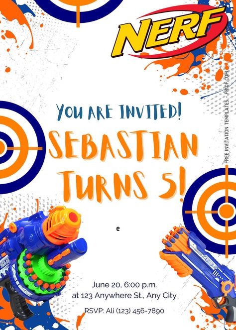 FREE Canva Invitation – Battle Nerf Gun Birthday Invitation Templates Nerf Birthday Invitations, Nerf Party Invitations, Calla Lily Wedding Invitations, Lily Wedding Invitations, Nerf Birthday Party, Nerf Party, Summer Wedding Invitations, Disney Invitations, Birthday Disney