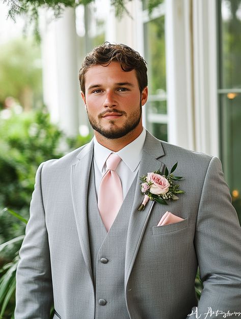 Ready to tie the knot in style? Our groom’s suit collection at Suit Century offers impeccable designs that ensure you look your best on the big day. From classic black tuxedos to modern gray suits, we've got you covered. Elevate your wedding day look with us!   #SuitCentury #GroomStyle #WeddingDay Grey Suit Men Wedding Blush Pink, Grey Suit Pink Tie Wedding, Groomsman Pink Tie, Grey And Pink Suits For Men, Gray Groom Suit Wedding, Dusty Rose Wedding Groom, Groom Attire Pink, Grey And Pink Groomsmen Suits, Pink Wedding Party Groomsmen