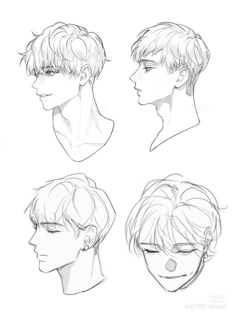 Male Hair Side Profile Drawing Reference, Mens Side Profile Drawing, Side Part Drawing Hair, Side Profile Drawing Body Male, Anime Head Poses Drawing Reference, Side Profiles Anime, Anime Head Side Profile, Head To The Side Reference, Profile Face Drawing Reference