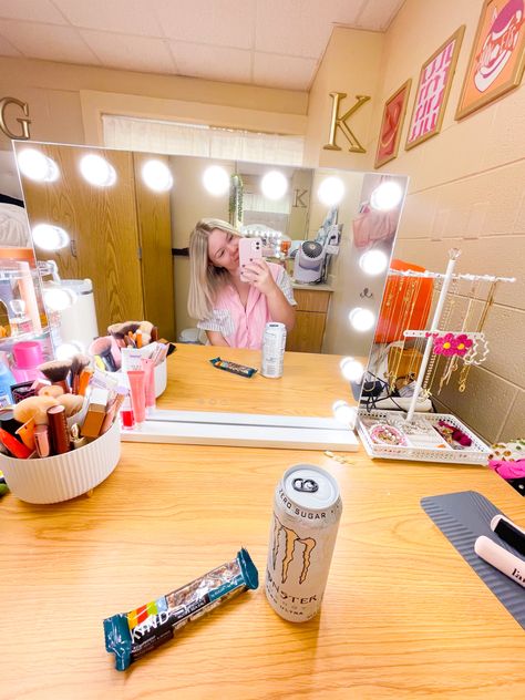 #morning #vanity #grwm #dorm #college #collegeinspo #dormroom #dorminspo #campus #morningroutine #goodmorning #kindbar #monsterenergy #sephora #amazon College Vanity Ideas, Dorm Room Vanity Desk, College Dorm Mirror Ideas, Dorm Vanity Ideas, College Dorm Vanity, College Dorm Mirror, Mirror Dorm Room, Dorm Room Vanity, Dorm Vanity