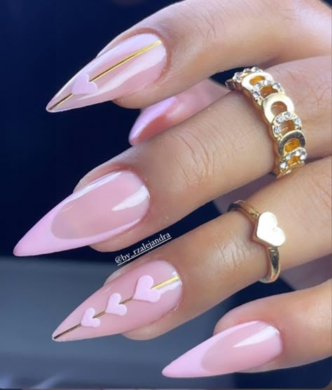 Almond Shaped Nails Valentines Day, Nail Inspired Pink, Soft Pink Valentine Nails, Simple Almond Valentines Nails, Kawaii Stiletto Nails, Feb Nails Valentines Day Pink, Pink Tip Nails Almond, Pink Valentines Nails Acrylic, Almond Valentines Nails Pink