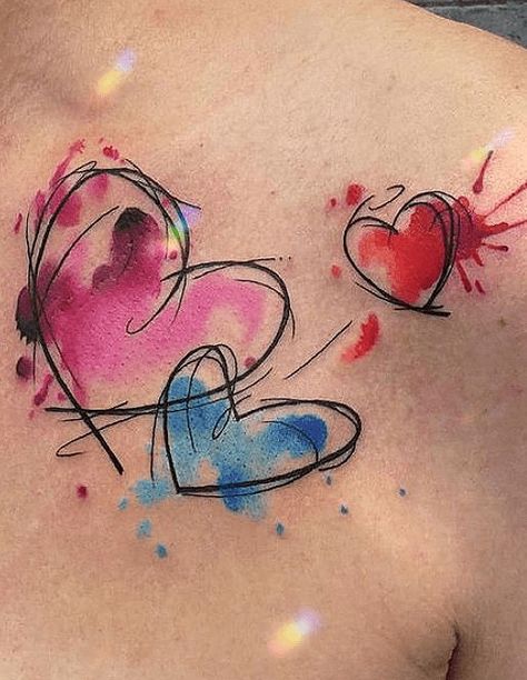 Watercolor Heart Tattoos For Women, Pink Watercolor Tattoo, Color Splash Tattoo Design, Splash Color Tattoo, Watercolour Heart Tattoo, Watercolour Tattoo Ideas, Airbrush Tattoo Designs, Watercolor Sleeve Tattoo Women, Heart Watercolor Tattoo