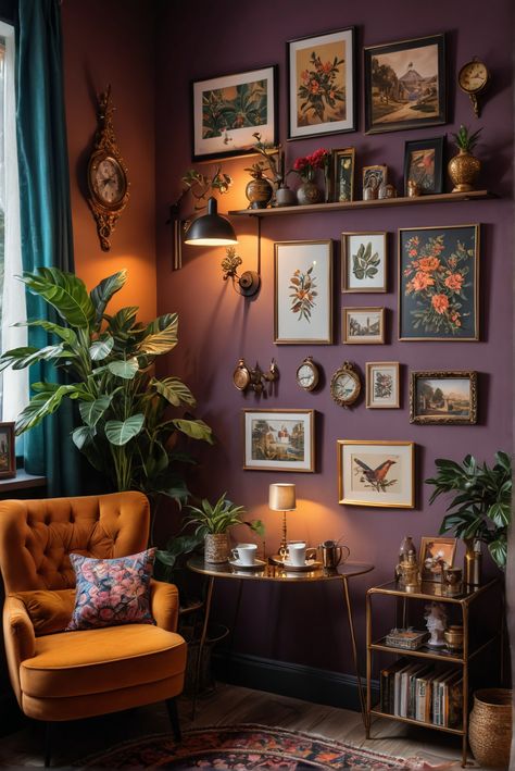 Gallery Wall Whimsical, Personal Decor Ideas, Interior Design Maximalist Living Room, Apartment Decor Unique, Alternate Living Room Ideas, Fun Living Room Ideas Cozy, Cozy Maximalism Aesthetic, Maximalist Reading Corner, Nook Ideas Living Room Cozy Corner