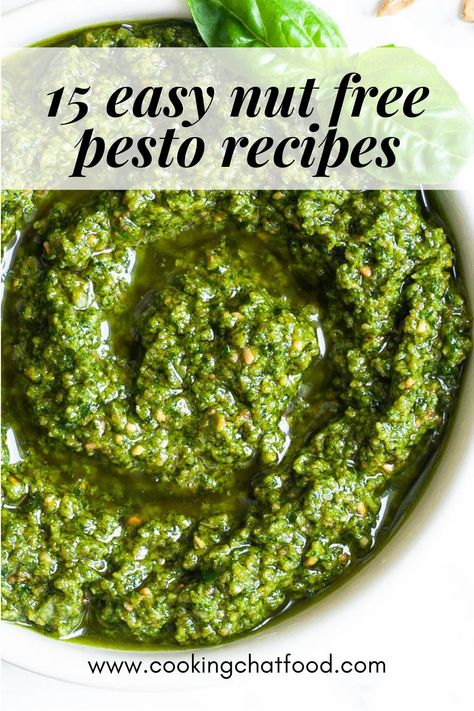 Nut Free Pesto Basil, Homemade Basil Pesto Recipe Nut Free, No Garlic Pesto, Pine Nut Substitute For Pesto, Pesto Recipe Without Nuts Basil, Pesto Recipe No Pine, Easy Pesto Recipe Without Pine Nuts Healthy, No Nuts Pesto Recipe, Pesto Recipe Without Nuts Or Seeds