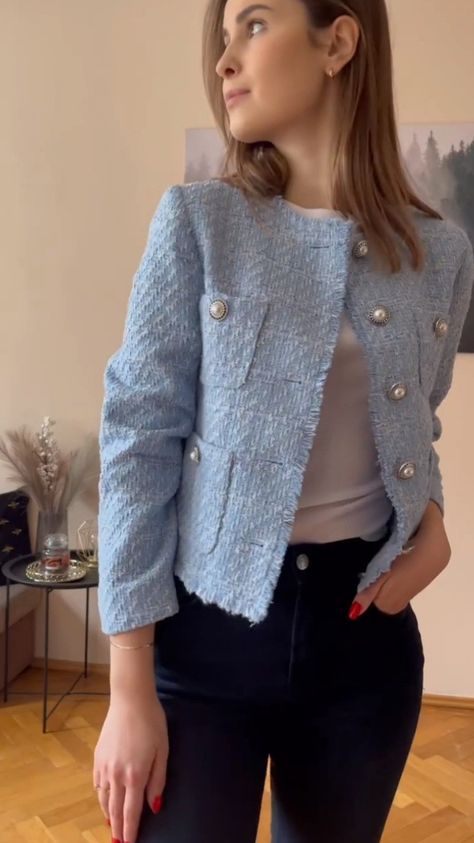 Blue Tweed Cardigan Outfit, Blue Boucle Jacket Outfit, Light Blue Tweed Jacket Outfit, Blazer Celeste Outfits Mujer, Blue Tweed Jacket Outfit, Chanel Tweed Jacket Outfit, Light Blue Jacket Outfit, Chanel Jacket Outfit, Boucle Jacket Outfit