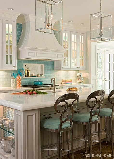 House of Turquoise: Kat Liebschwager Interiors - I love this kitchen! It's easily in the top 10 of kitchens that I've seen since I've been looking at designs. Herringbone Backsplash, House Of Turquoise, White Cabinetry, Dream Kitchens, Summer Kitchen, Stunning Kitchens, Backsplash Ideas, Kitchen Redo, Style At Home