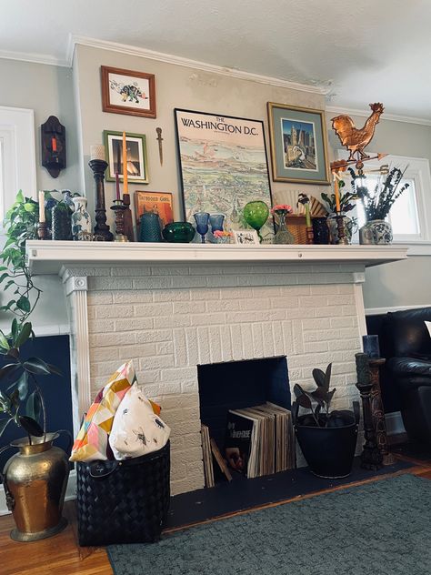 Fireplace Mantle Eclectic, Eclectic Living Room With Fireplace, Fireplace Decor Eclectic, Mantel Decorating Ideas Maximalist, Maximalist Fireplace Decor, Colorful Mantel Decor, Thrifted Mantle Decor, Mantle Decor Maximalist, Tv On Mantle Decor