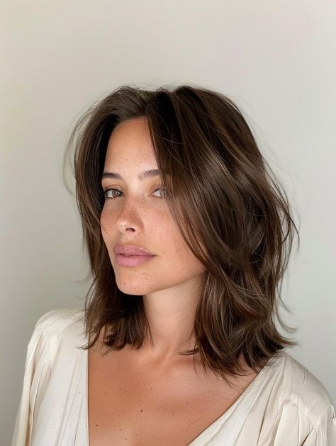 Discover the Versatile Lob Haircut for All Hair Types and Face Shapes Short With Layers Shoulder Length, Lob Haircut No Layers, Shoulder Length Straight Brown Hair, Collarbone Length Hair For Fine Hair, Layered Haircut Fine Hair, Fall Lob Hairstyles, Face Shape Guide Hairstyles, 90s Lob Haircut Curtain Bangs, Clavicle Haircut