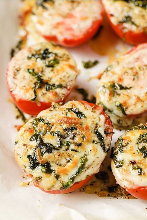 These Baked Tomatoes With Parmesan And Mozzarella Cheese are a perfect addition to your holiday table! Made with ingredients like Roma tomatoes, fresh basil, and Italian seasoning, these baked tomatoes with cheese are juicy, soft, flavorful, and easy to prepare - in less than 30 minutes! #realbalancedblog #bakedtomatoes #roastedtomatoes Tomatoes For Dinner, Cheesy Baked Tomatoes, Baked Tomatoes With Mozzarella And Parmesan, Stuffed Roma Tomatoes, Baked Roma Tomatoes, Recipes For Roma Tomatoes, Large Tomato Recipes, Lemon Boy Tomatoes Recipes, Roma Tomatoes Recipes Dinners