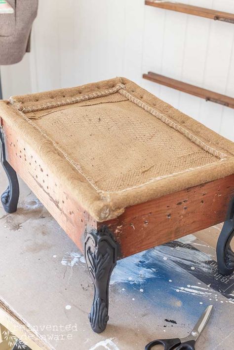 How To Upholster, Upholstered Footstool, Upcycled Furniture Diy, Upholstery Tacks, Vintage Farmhouse Style, Upholstery Diy, Carved Legs, Budget Friendly Decor, Foot Stool