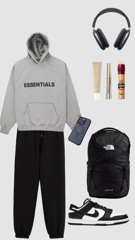 Comfy Outfits For School Men, Sweat Pants Outfit For School, Lounge Outfit Aesthetic, Lazy Day Fits, Comfy Outfit For School, Starboy Style, Basketball Essentials, Sweats Outfits, Boy Outfits Aesthetic