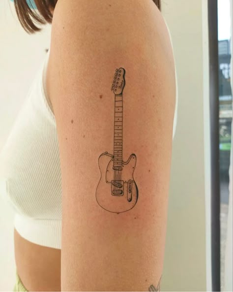 Line Art Guitar Tattoo, Cute Tattoos Music, Guitar Arm Tattoo, Fineline Guitar Tattoo, Minimalistic Guitar Tattoo, Guitar Tattoo Aesthetic, Mini Van Tattoo, Guitar Pick Tattoo Ideas, Guitar Related Tattoos