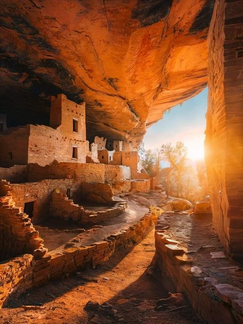 Mesa Verde National Park, Colorado. These stunning cliff dwellings, bathed in the warm light of the setting sun, offer a glimpse into the lives of the Ancestral Puebloans. Mesa Verde Cliff Dwellings, Art Mural Ideas, Cliff Dwellings, Mesa Verde National Park, Park Design, The Setting Sun, Mural Ideas, Setting Sun, Wonderful World