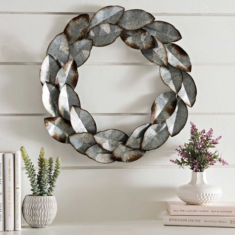 Galvanized Metal Leaf Wreath | Kirklands Galvanized Metal Decor, Diy Textured Wall, Diy Textured Wall Art, Galvanized Metal Wall, Metal Front Door, Metal Wall Planters, Aluminum Can Crafts, Wood Wall Plaques, Rustic Inspiration