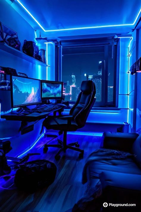 Male Gamer Room, Cyan Gaming Setup, Cyberpunk Game Room, Blue Gaming Room Setup, Black And Blue Gaming Setup, Cozy Gaming Bedroom, Led Gaming Room, Blue Gaming Setup, Blue Gaming Room