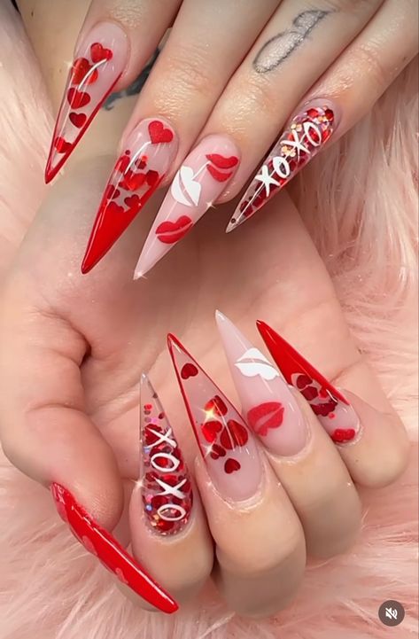 Valentine Almond Nails Designs, Pretty Valentines Day Nails, Valentine’s Day Encapsulated Nails, Stiletto Nails Valentines Designs, Valentines Stilleto Nails Designs, Valentine’s Day Nails Long Stiletto, Red Stiletto Valentines Nails, Pointy Valentines Day Nails, Stiletto Vday Nails